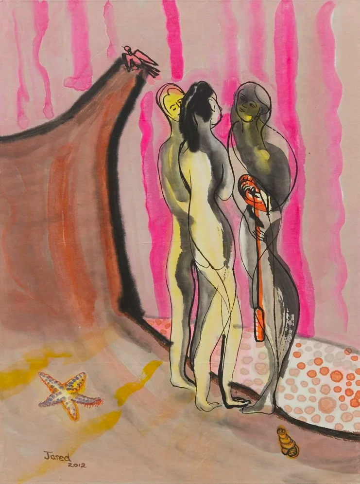 Artistic depiction of three figures with abstract background